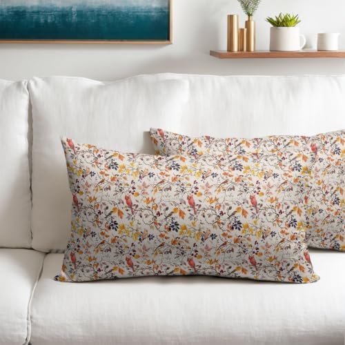 Fall Plant Pillow Covers 12x20 Set of 2 Autumn Red Cardinal Bird Maple Leaves Outdoor Throw Pillows Covers Vintage Rustic Farmhouse Decorative Farmhouse Cushion Case for Room Couch Sofa - Image 2
