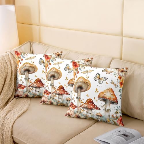 Manfei Mushroom Double Sides Print Pillow Covers,Jungle Botanical Plants Flowers Watercolor Fall Throw Pillow Case Covers,Rustic Farmhouse Butterfly 2 Pack Cushion Covers,16"x16" - Image 4