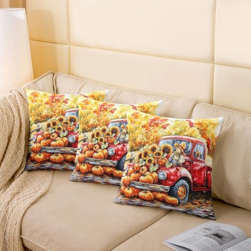 Pack of 2 Fall Thanksgiving Day Pillow Covers 18"x18",Rustic Pumpkin Maple Leaves Sunflower Autumn Double Sides Print Cushion Covers,Retro Red Truck Farmhouse Harvest Square Pillow Covers - Image 4