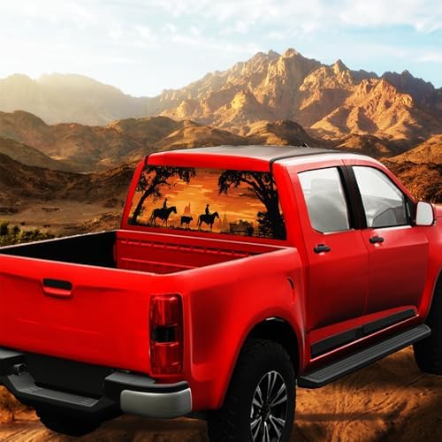 Watercolor Cowboy Truck Back Window Graphics Decals, Horse Abstract Sunset Landscape Universal See Through Rear Window Vinyl Wrap Full Window Decals for Trucks SUV 66 x 22 inch