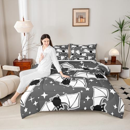 Feelyou Halloween Bedding Set for Girls Boys Kids Queen Size Black Bats Animal Print Silhouette Comforter Cover Room Decor Happy Holiday Cute Star Print Luxury Duvet Cover Gray Quilt Set - Image 5