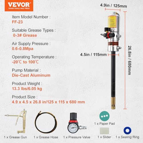 VEVOR Grease Pump, Air Grease Pump with 13 ft High Pressure Hose and Grease Gun, Pneumatic Grease Pump, Portable Lubrication Grease Pump with 360° Swivel Grease Gun Head - Image 7