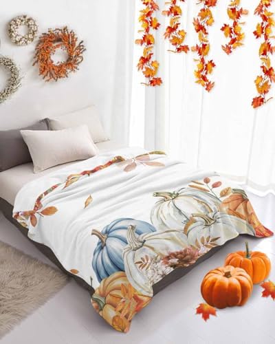 DecorLovee Orange Blue Thanksgiving Fall Blanket 50"x60", Reversible Pumpkins Throw Blanket for Couch/Bed, Autumn Botanical Lightweight Soft Throw Blankets for Women, Warm Fuzzy Blankets for Winter - Image 4