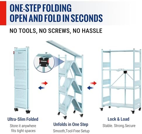 WORKPRO 4-Tier Folding Shelf, No-Assembly Metal Storage Rack with Wheels, 600 lbs Capacity (with Leveling Feet), Collapsible Shelving Unit for Kitchen, Pantry, Closet & Craft Shows - Blue - Image 5