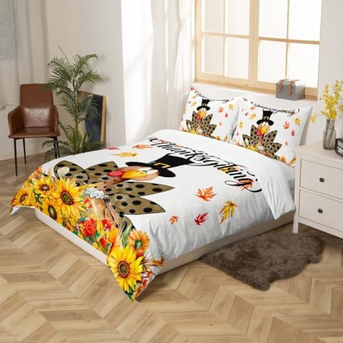 Happy Thanksgiving Kids Duvet Cover Set Queen Size,Cartoon Turkey Sunflowers Bedding Set,Girls Boys Adults Room/Cabin Decor,Fall Maple Leaves Comforter Cover,Rustic Farm Quilt Cover,2 Pillowcases - Image 5