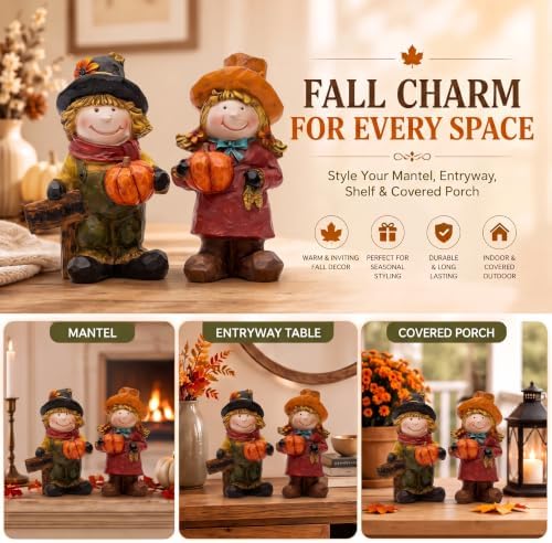 Topadorn Fall Scarecrow Figurines Set of 2, Thanksgiving Pumpkin Decor - Image 3