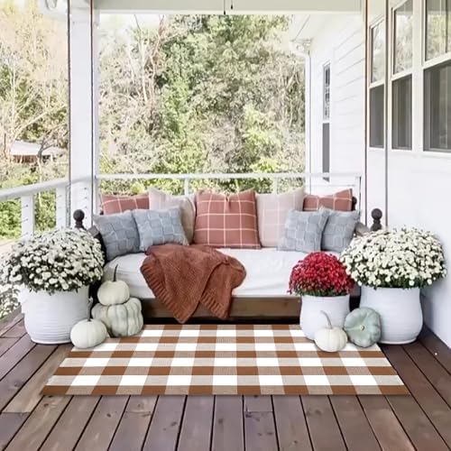 Homydecor Buffalo Plaid Outdoor Rugs, 4'x6' Coffe and White Checkered Area Rug, Layering Rug for Hello/Welcome Door Mat, Washable Cotton Woven Farmhouse Mat for Front Porch Décor - Image 3