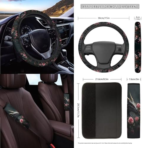 Cool Dragon Roses Print 15Pcs Car Seat Cover Full Set Car Steering Wheel Cover Seat Belt Cover Trash Bin Air Vent Storage Box Front Rear View Mirror Car Cup Holder Keychain