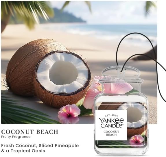 Yankee Candle Car Jar Ultimate Air Freshener, Hanging Car Freshener, Long Lasting Car Fragrance (Coconut Beach)