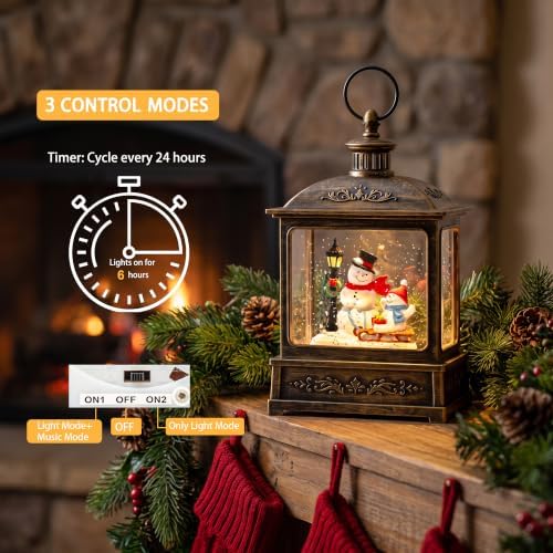 Christmas Snow Globe Swirling Glittering Snowman Duo with Music & Timer, USB Lined/Battery Operated Lighted Water Lantern for Christmas Festival Decoration Gifts - Image 3