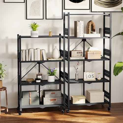 WORKPRO 4-Tier Folding Shelf, No-Assembly Metal Storage Rack with Wheels, 600 lbs Capacity (with Leveling Feet), Collapsible Shelving Unit for Kitchen, Pantry, Bathroom & Closet Organization - Image 2