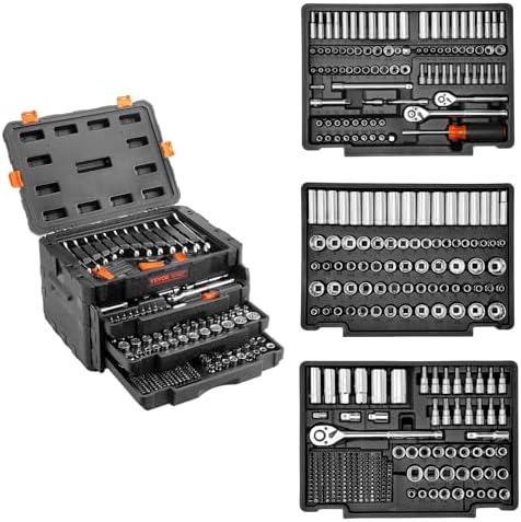 VEVOR Mechanics Tool Set and Socket Set, 1/4" 3/8" 1/2" Drive Deep and Standard Sockets, 450 Pcs SAE and Metric Mechanic Tool Kit with Bits, Hex Wrenches, Combination Wrench, Accessories, Storage Case by VEVOR
