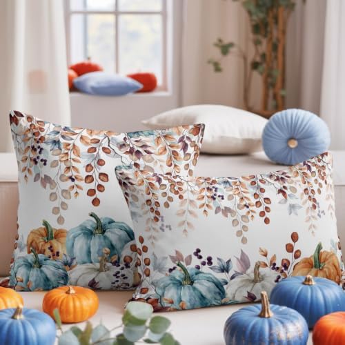 Thanksgiving Pumpkin Pillow Covers 18x18 Inch Set of 2, Eucalyptus Leaves Fall Decorations Indoor Outdoor Throw Pillow Covers, Orange Blue Linen Pillowcases for Patio Sofa Couch Bedroom Decorative - Image 5