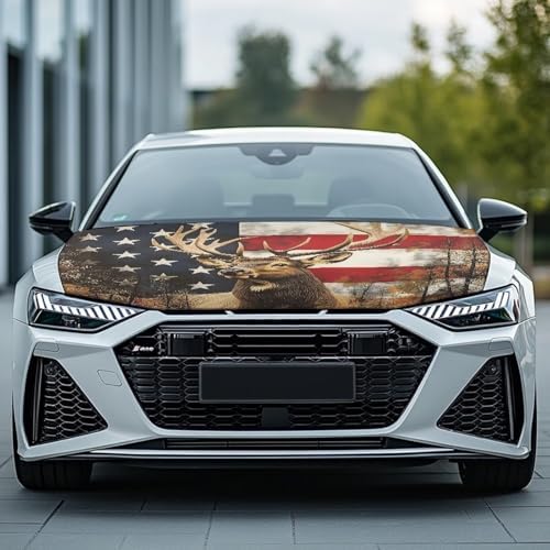 Stars and Stripes Elk Car Hood Cover Banner Car Bonnet Protection Cover Elastic Fabrics Polyester，Can be Washed Auto Decoration