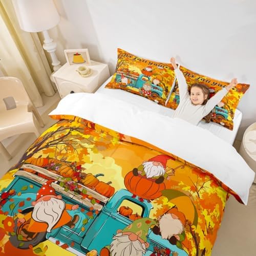 Autumn Pumpkin Kids Duvet Cover Set Full Size,Cute Gnomes Truck Harvest Bedding Set,Girls Boys Adults Room/Cabin Decor,Fall Maple Leaves Comforter Cover,Colorful Bright Quilt Cover,2 Pillowcases - Image 3