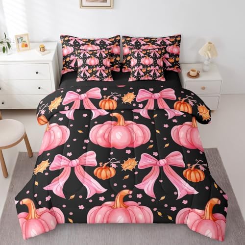 Erosebridal Cute Pumpkin King Bedding Set 7 Piece Kawaii Pink Bowknot Comforter Set for Kids Girls Teen Fall Thanksgiving Day Bed in A Bag Cute Autumn Floral Maple Leaf Sheet Set with Comforter by Erosebridal
