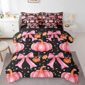 Erosebridal Cute Pumpkin Queen Bedding Set 7 Piece Kawaii Pink Bowknot Comforter Set for Kids Girls Teen Fall Thanksgiving Day Bed in A Bag Cute Autumn Floral Maple Leaf Sheet Set with Comforter by Erosebridal