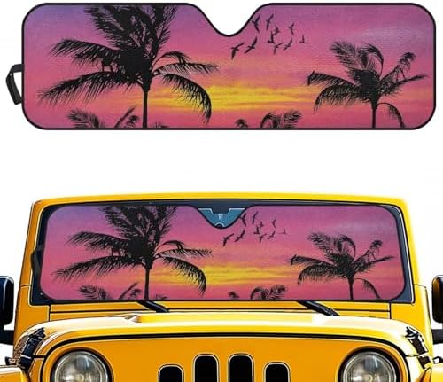 Renewold Windshield Sunshade for Jeep Wrangler JK JKU JL JLU 1997-2023 Car Front Window Sun Shield for Jeep Gladiator JT Block UV Glare Sunlight Sun Visor Tropical Coconut Birds Sunset Cover Sun Shade