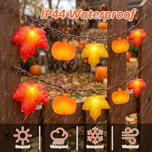 Fall Decor - 12Ft 20 LED Maple Leaf Pumpkin String Lights Plug in, 3D Fall String Lights Orange Yellow Leaves & Pumpkin Lights for Indoor Outdoor Home Autumn Decor & Thanksgiving Decorations, 0.07W - Image 6