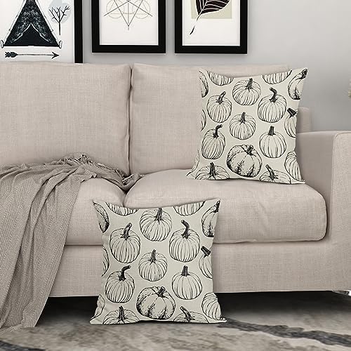 Fall Pillow Covers 18x18 Set of 2 Balck Pumpkin Autumn Themed Thanksgiving Harvest Print Decorative Throw Pillows Outdoor Pillowcase Farmhouse Linen Cushion Case Decor for Sofa Couch Bed - Image 3