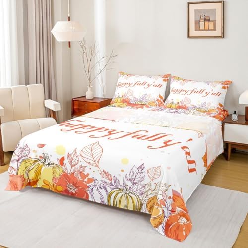 Watercolor Fall Pumpkin Bed Sheets ,Happy Harvest Thanksgiving Sheet Set For King Bed,Autumn Maple Leaf Botanical Bedding Set Fall Rustic Farmhouse Fitted Sheet Orange Flat Sheet 2 Pillow Cases by Erosebridal