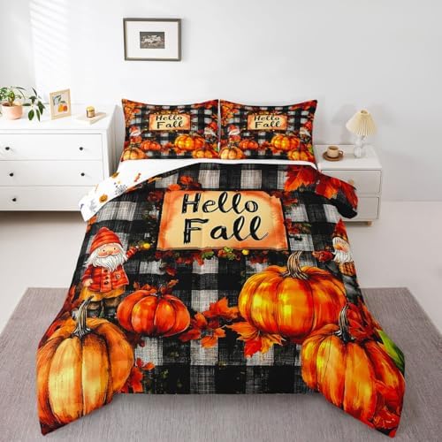 Erosebridal Gnome Comforter Set Full Size Fall Pumpkin Bedding Set Thanksgiving Sunflower Fruits Autumn Harvest Down Comforter for Boys Child Teens Maple Leaves Duvet Insert Room Decor 3 Pieces by Erosebridal