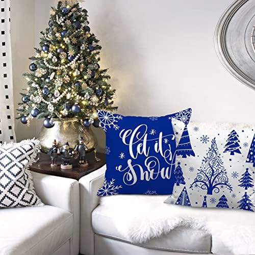 Lanpn Christmas Throw Pillow Covers 22x22 Set of 4, Merry Christmas Winter Xmas Snowflake Decorative Holiday Cushion Pillow Cases 22 x 22 for Outdoor Indoor Farmhouse Home Room Couch Decor (Blue) - Image 3