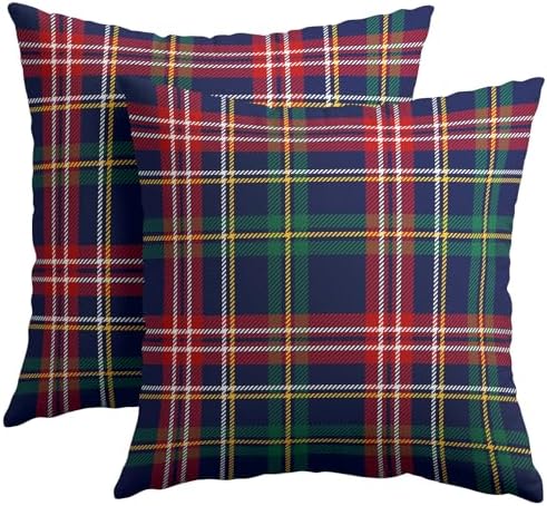 Christmas Tartan Pillow Covers 16x16 Set of 2 Navy Blue Green Red Plaid Print Decorative Outdoor Xmas Throw Pillow Cases Rustic Winter Holiday Decoration Farmhouse Sofa Couch Cushion Cover Bed Decor by Trongr