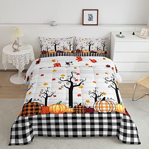 Fall Pumpkin Harvest Comforter Set Full Size Black White Plaid Bedding Set For Kids Boys Halloween Maple Leaves Autumn Down Comforter Geometric Buffalo Grid Duvet Set Retro Room Decor, Orange by Erosebridal