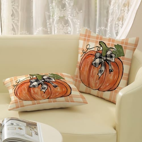 Fall Pillow Covers 20x20 Set of 2 Orange Pumpkin Leaf Buffalo Plaid Fall Decor Pillowcase Autumn Thanksgiving Decorative Outdoor Throw Pillow Covers Linen Farmhouse Cushion Case for Sofa Home - Image 4