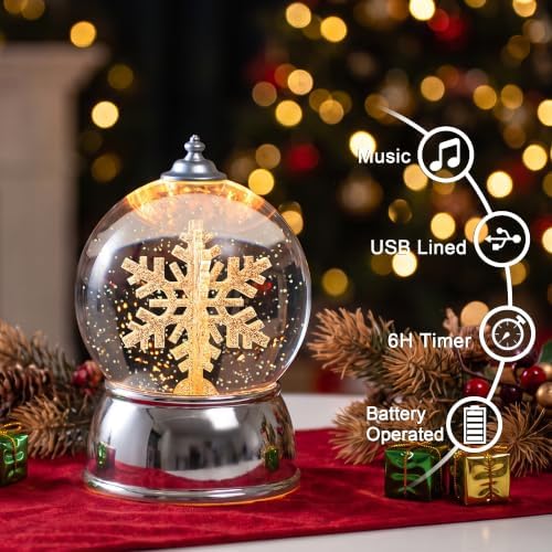 Christmas Snow Globe with Music & Swirling Glitter, Silver Snowflake Snow Globe with Timer, USB & Battery Powered Musical Water Globe for Indoor Christmas Decorations, Tabletop - Image 2