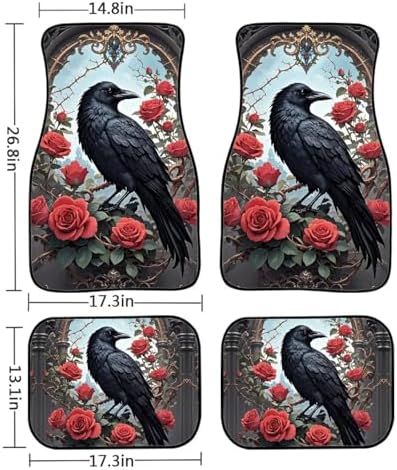 Black Raven Print Car Rubber Floor Mat 4PCS Rose Flower Forest Bird Pattern Front and Rear Mats Non-Slip Floor Mats Heel Pad Fit for SUV Van Truck Car