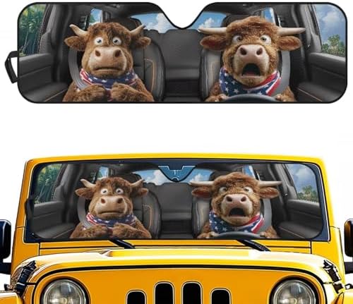 Renewold Auto Front Windshield Sun Shade Compatible with Jeep Wrangler Car Window Easy Install Sunshade Cover UV Glare Heat Sunlight Blocker Sun Visor for Jeep Gladiator JT Funny Highland Cow Driving
