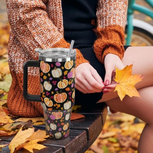 Fall Tumbler with Handle Thanksgiving 40oz Colorful Pumpkin Coffee Travel Mug Autumn Stainless Steel Insulated Cups Cute Fall Thanksgiving Decor Gifts - Image 2