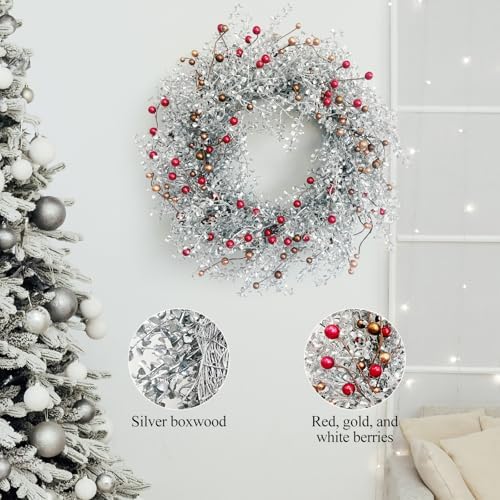 24 Inch Fall Wreath for Front Door with Red Bronze & White Berries - Image 3