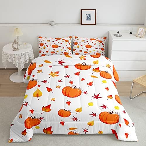 Fall Pumpkin Comforter Set King Size Maple Leaves Bedding Set For Kids Girls Boys Autumn Harvest Fruit Botanical Down Comforter Orange Natural Leaf Plant Quilt Set Warm Soft Bedroom Decor 3Pcs by Erosebridal