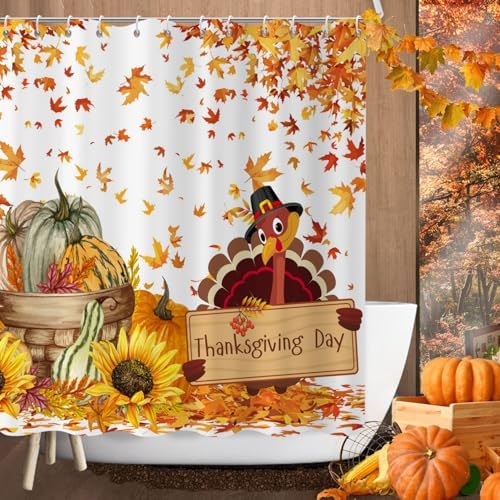 Thanksgiving Day Turkey Shower Curtain, Fall Autumn Harvest Pumpkins Sunflower Falling Maple Leaves Bathroom Curtain Waterproof Fabric Machine Washable with Hooks, 36" Wx72 L - Image 2