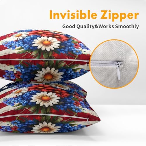 4th of July Patriotic Flower Pillow Covers 12x12 Inches American Flag Independence Day Throw Pillow Case Set of 2 Memorial Day Pillows Cotton Linen Cushion Cover for Home Couch Sofa Livingroom - Image 3