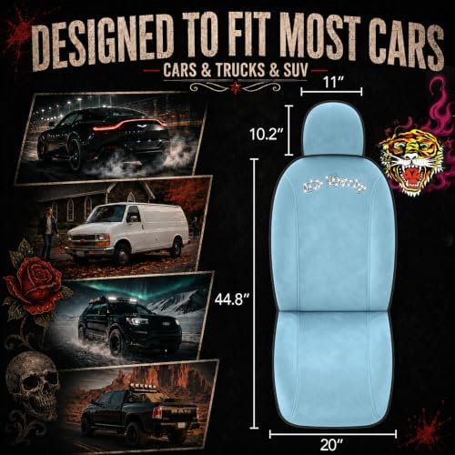 ED HARDY Car Seat Covers, Light Blue Short Plush & Silver Diamond Graphic