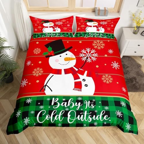Cartoon Snowman Kids Duvet Cover Set Queen Size,Merry Christmas Snowflake Xmas Bedding Set,Girls Boys Adults Room Decor,Geometric Grids Patchwork Comforter Cover,Red Green Quilt Cover,2 Pillowcases by Manfei