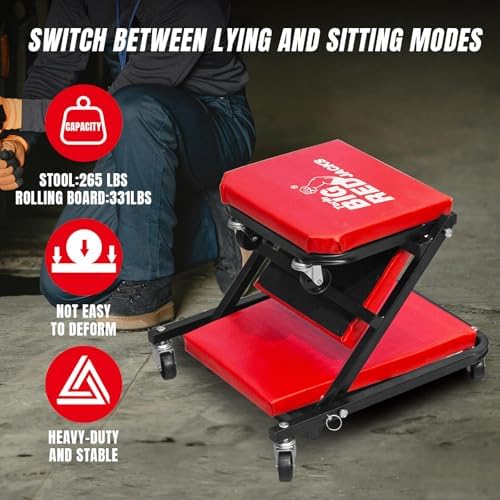 Big RED ATR6036ZER 36" Foldable Z-Creeper Seat: 2-in-1 Garage Shop Creeper for Auto Repair with 6 Wheels, 300 Lbs. Capacity - Red - Image 7
