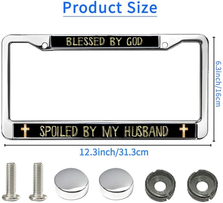 Blessed by God Spoiled by Husband License Plate Frame Christian Wife Quotes Stainless Steel License Plate Frame Cross and Fish Scratch-Resistant License Plate Frame with Screws Caps
