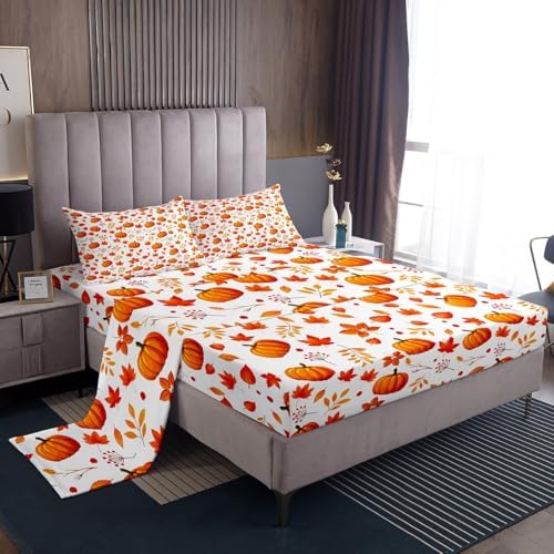 Happy Fall Fitted Sheet Halloween Autumn Pumpkin Bed Sheets Twin,Cute Fall Flowers Maple Leaf Bedding Set Thanksgiving Sheet Set Gifts For Kids Boys Girls Fall Home Bedroom Decor Flat Sheet 3 Pcs - Image 2
