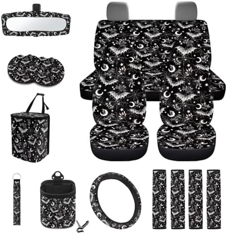 Spider Web Moon Car Seat Covers 15Pcs Full Set Car Steering Wheel Cover Seat Belt Cover Trash Bin Air Vent Storage Box Rear View Mirror Car Cup Holder Keychain Halloween Decor