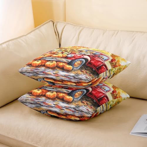 Pack of 2 Fall Thanksgiving Day Pillow Covers 18"x18",Rustic Pumpkin Maple Leaves Sunflower Autumn Double Sides Print Cushion Covers,Retro Red Truck Farmhouse Harvest Square Pillow Covers - Image 3