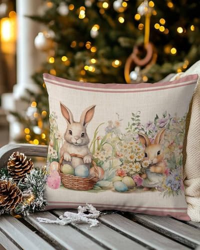JasmineM Happy Easter Bunny Pillow Covers 16x16 inch Set of 2, Spring Florals Colorful Eggs Decorations Outdoor Throw Pillow Covers, Cotton Linen Square Pillowcases for Sofa Couch Bedroom Decorative - Image 4