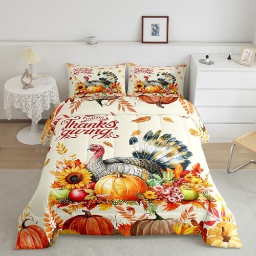 Homewish Thanksgiving Day Comforter Set Queen Size,Watercolor Turkey Pumpkin Bedding 3pcs Kids Girls Boys Teens Room Decor,Fall Maple Leaves Quilted Duvet Rustic Farmhouse Insert,Orange Yellow by Homewish