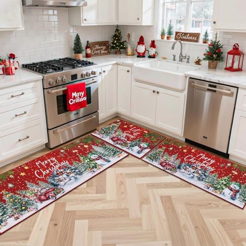 U'Artlines Christmas Kitchen Rugs and Mats Set of 3, Non Skid Tree Car Rug - Image 4