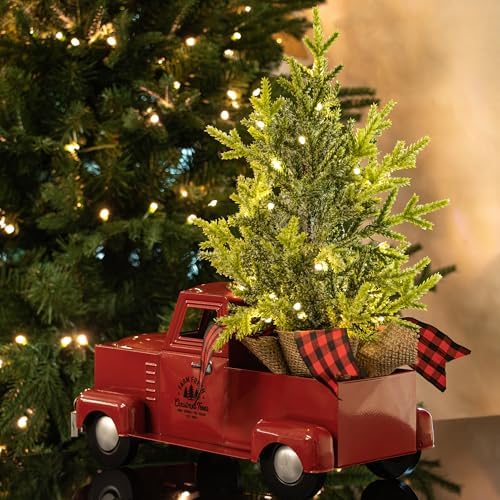 KI Store Red Truck Christmas Decor with Lights Timer 12-Inch Vintage Metal Truck with Christmas Tree for Xmas Decoration Table Centerpieces - Image 2
