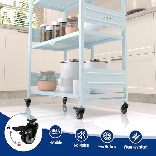 WORKPRO 4-Tier Folding Shelf, No-Assembly Metal Storage Rack with Wheels, 600 lbs Capacity (with Leveling Feet), Collapsible Shelving Unit for Kitchen, Pantry, Closet & Craft Shows - Blue - Image 6